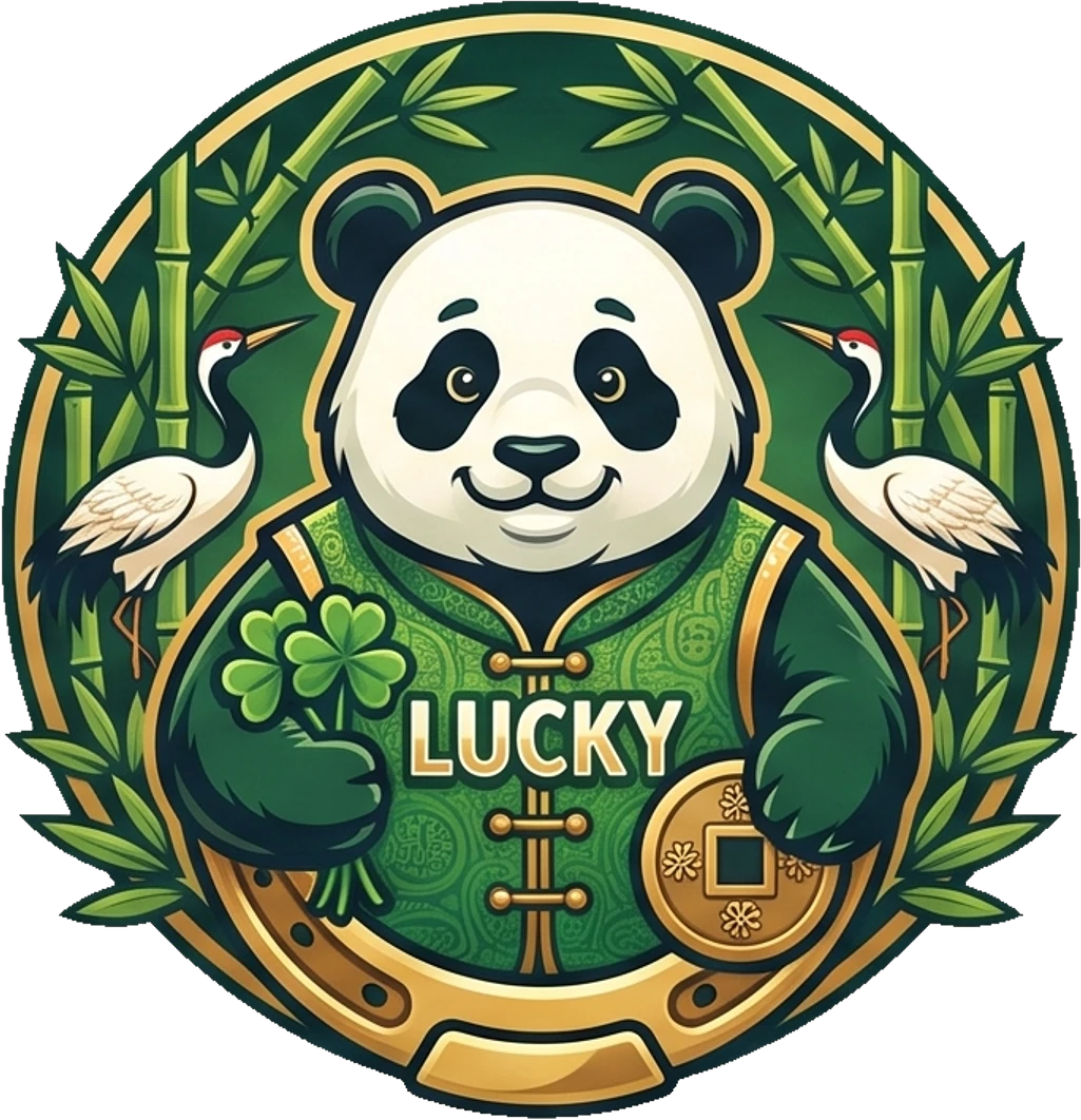Lucky the Panda badge with bamboo and cranes